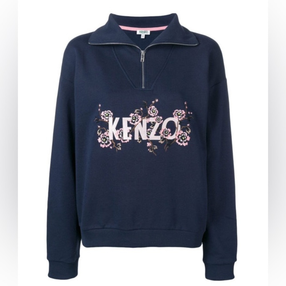 KENZO Paris Floral Embroidered Half Zip Sweatshirt Navy Blue Women’s XS - Picture 2 of 9